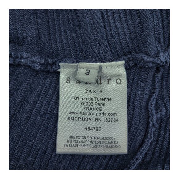 SANDRO Scoop Neck Ribbed Mini Dress in Navy Blue Stretch Cotton - Picture 10 of 11